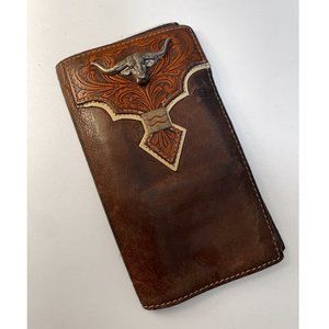 Hand Tooled Leather Bull Wallet/ Beautiful Dark Leather Billfold/ Hand Stitched